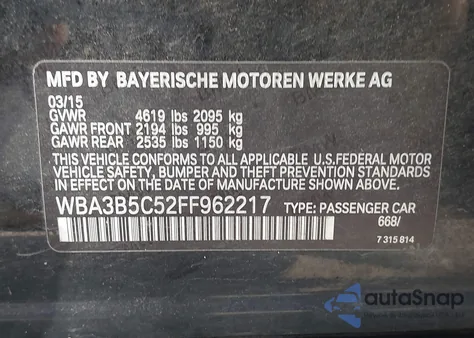 2015 BMW 328I xDrive z USA, uszkodzony, nr VIN WBA3B5C52FF962217